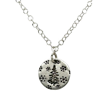 Necklace - Disk with Pine Tree and Snowflakes