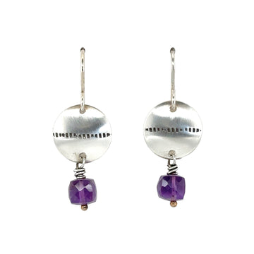Earrings - Stamped Disks with Amethyst