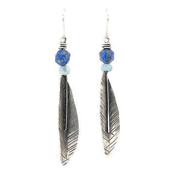 Earrings - Lapis and Aquamarine with Feathers