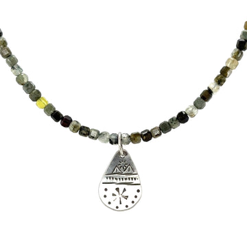 Necklace - Green Quartz Beads with Silver Teardrop