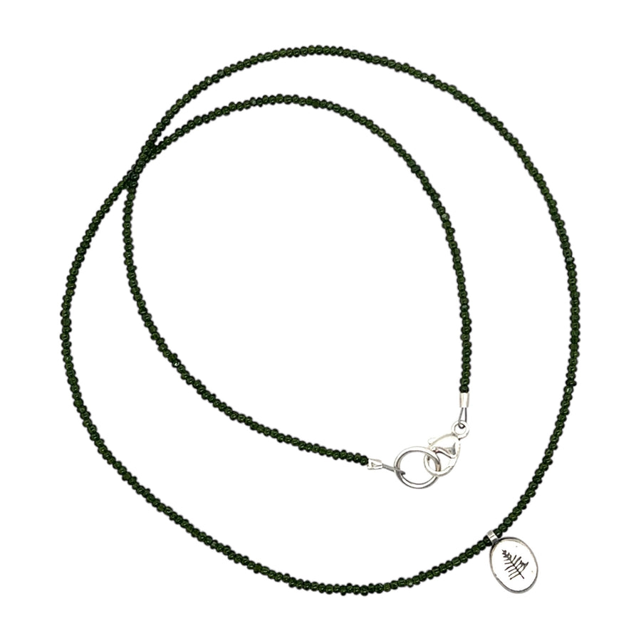 Necklace - Dark Green Charolette Seed Beads with Fern Pine Pendant