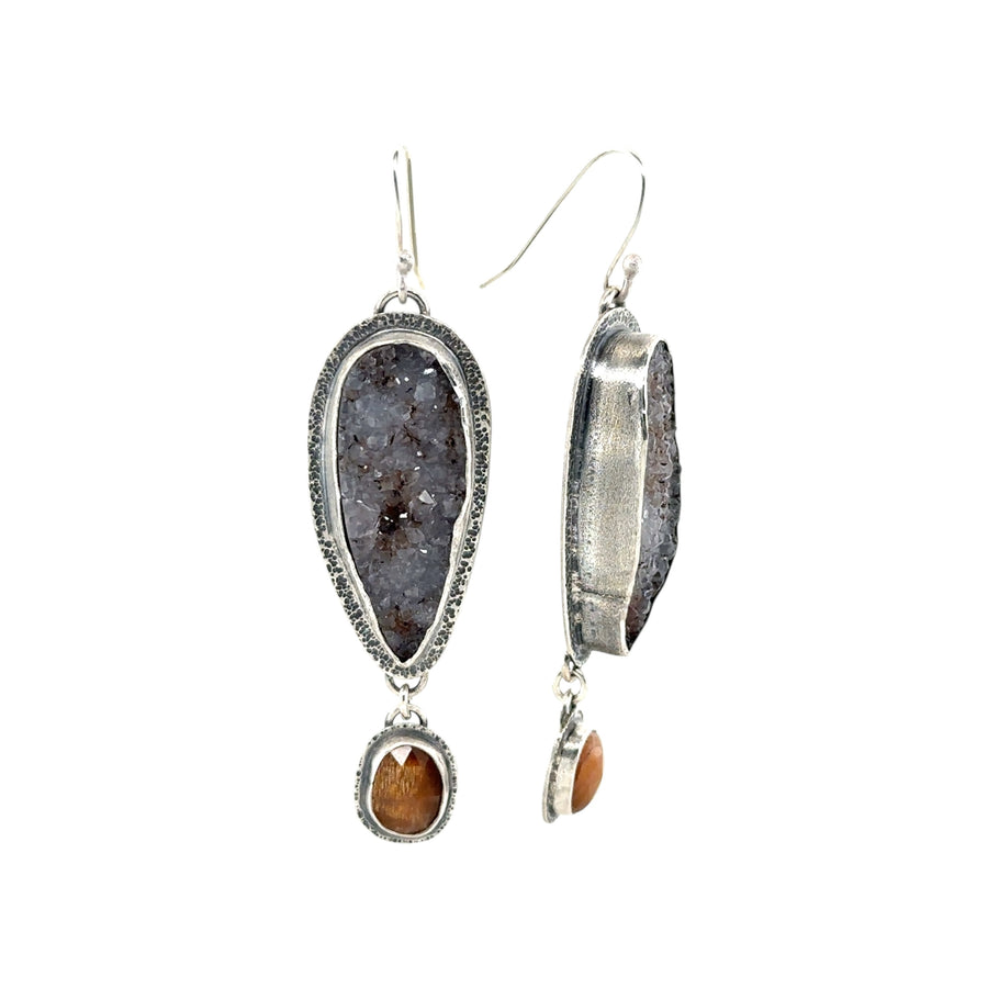 Earrings - Druzy and Golden Fire Moonstone
