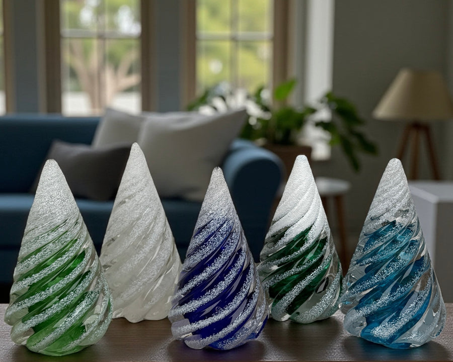 Small Spiral Glass Tree with Snow - Cobalt