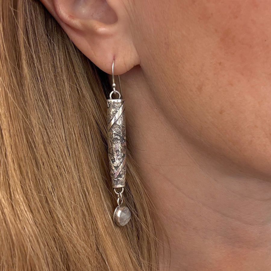 Earrings - Fused Silver Pods with Moonstone Drops