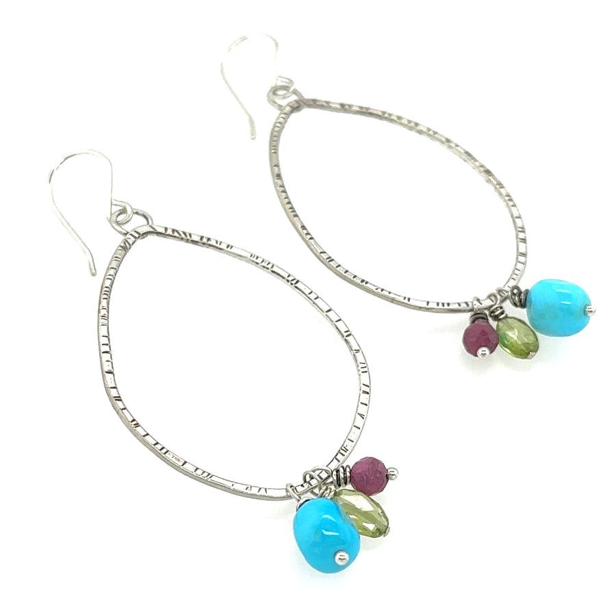 Earrings - Large Teardrop with Turquoise, Ruby and Peridot