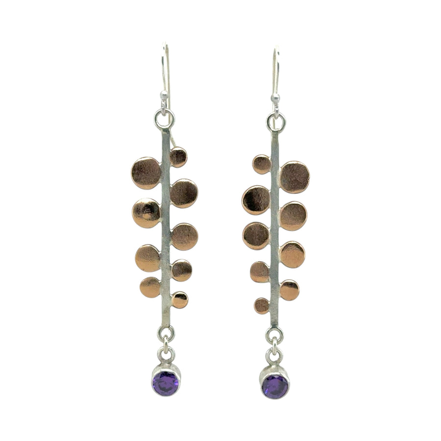 Earrings - Amethyst with Stick and Brass Discs