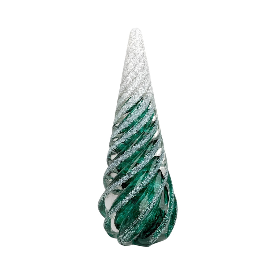 Large Spiral Glass Tree with Snow - Dark Green