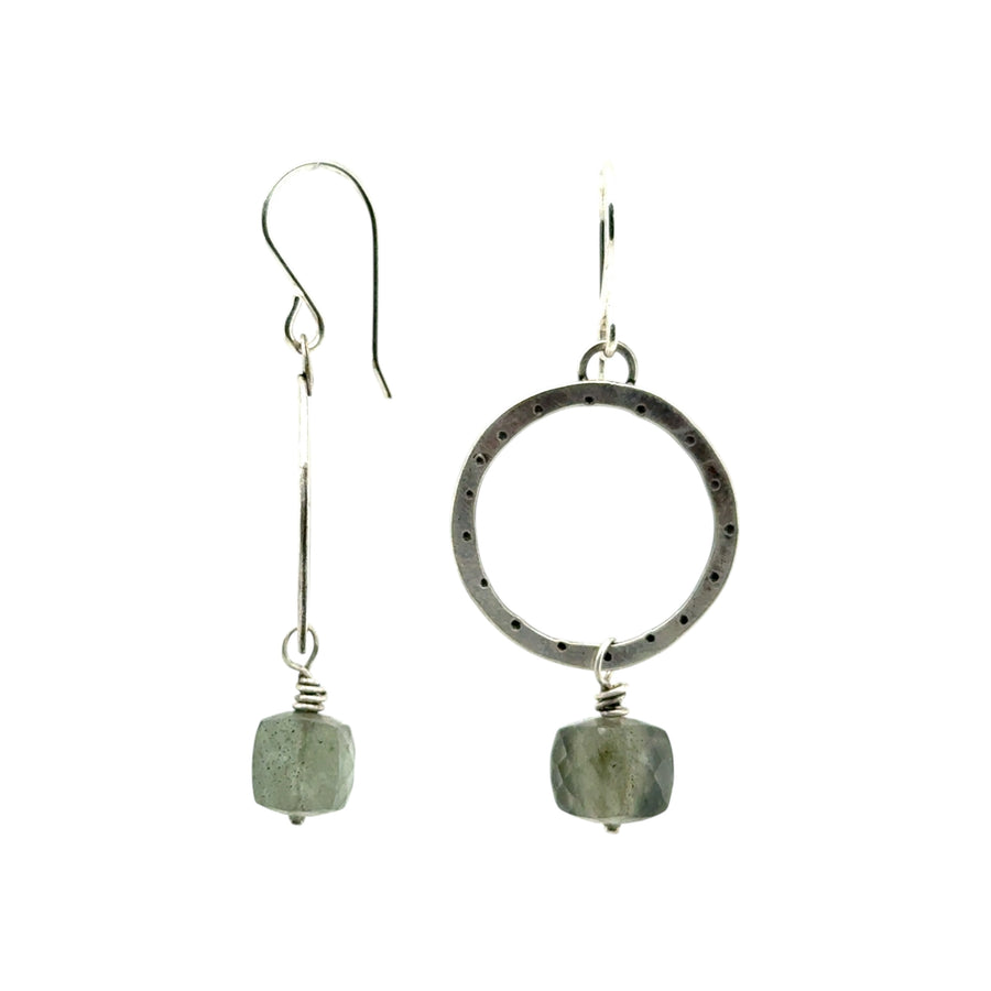 Earrings - Stamped Circles with Moss Aquamarine