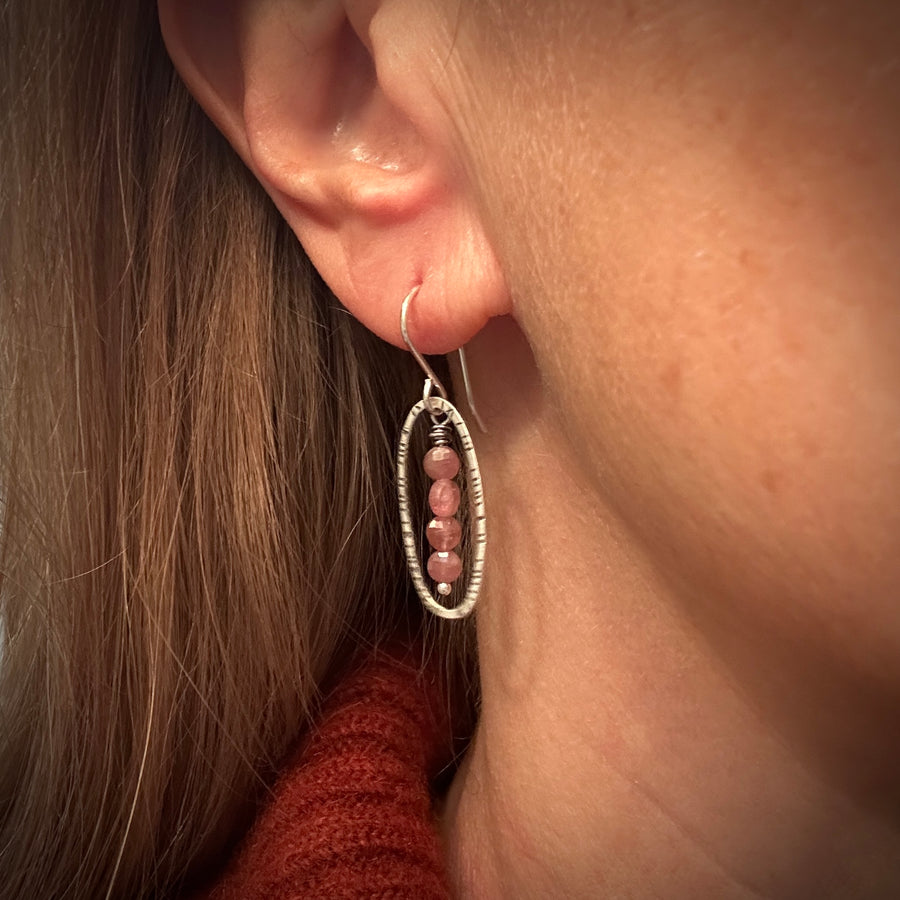 Earrings - Stamped Ovals with Pink Tourmaline