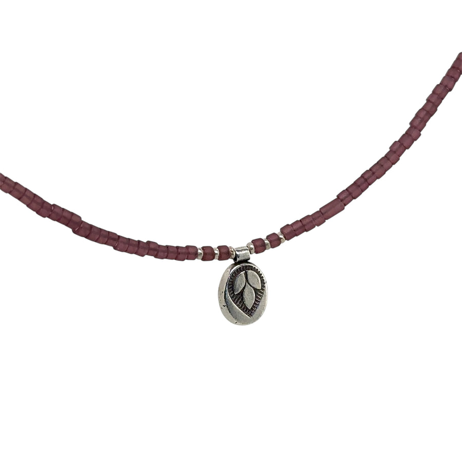 Necklace - Matte Purple Glass Beads with India Leaf Stamped Pendant