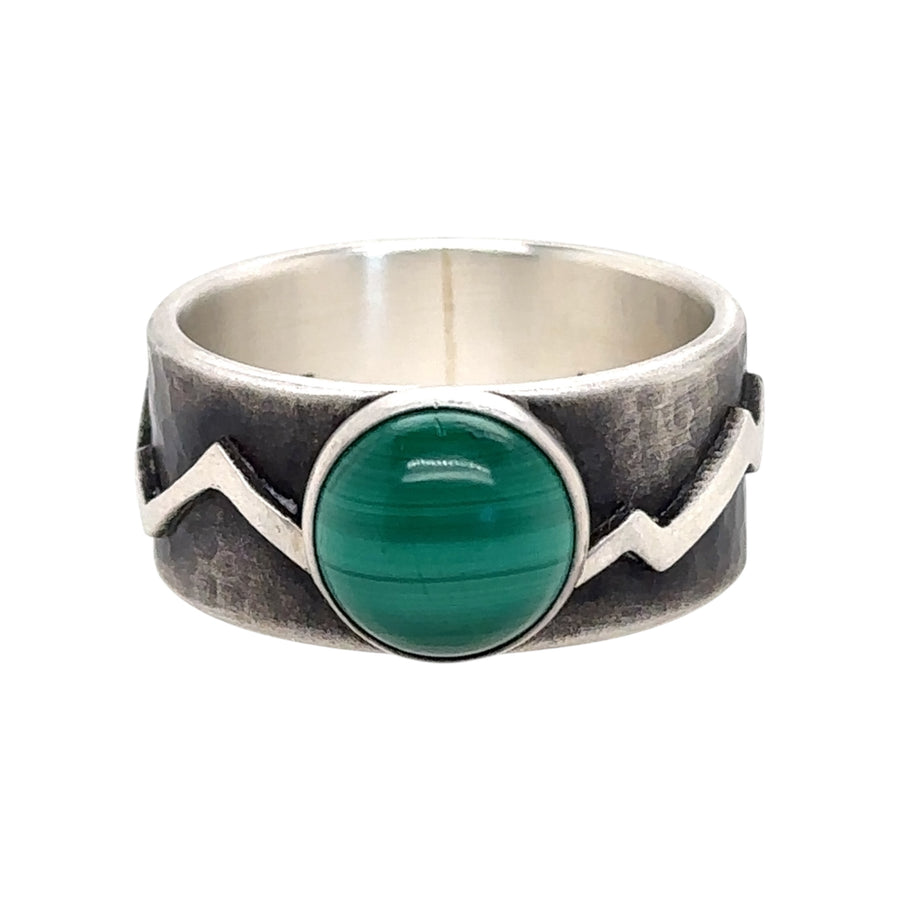 Malachite Ring with Hammered Band and Mountains