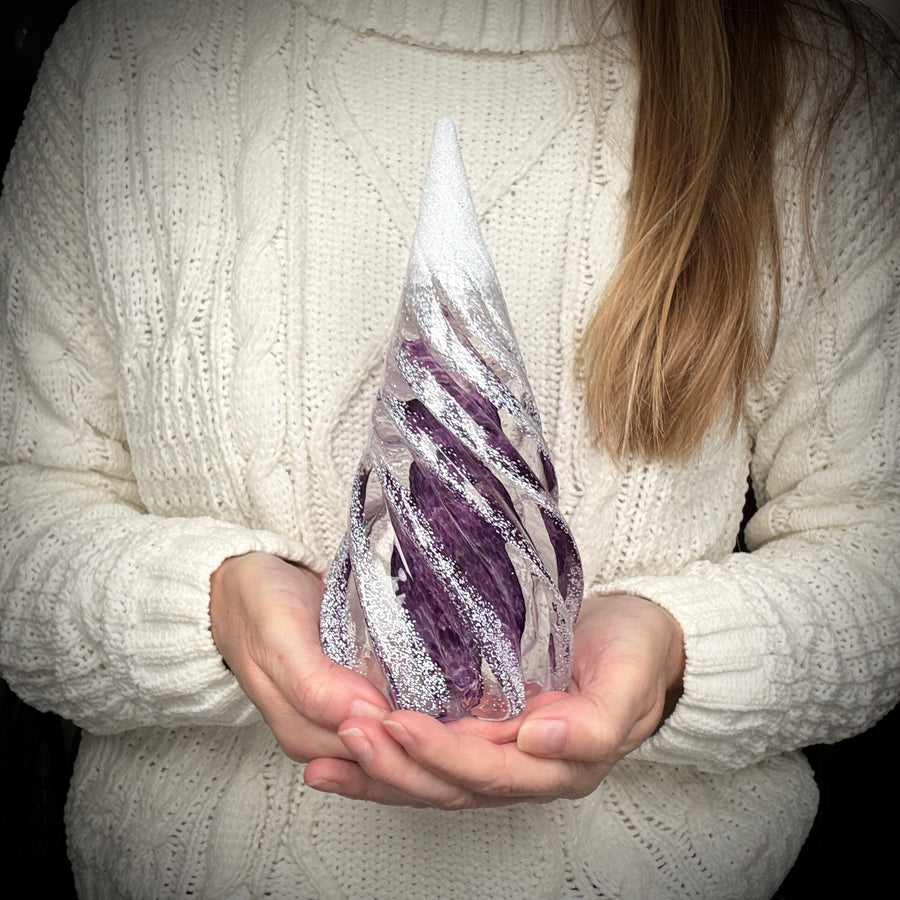 Large Spiral Glass Tree with Snow - Purple