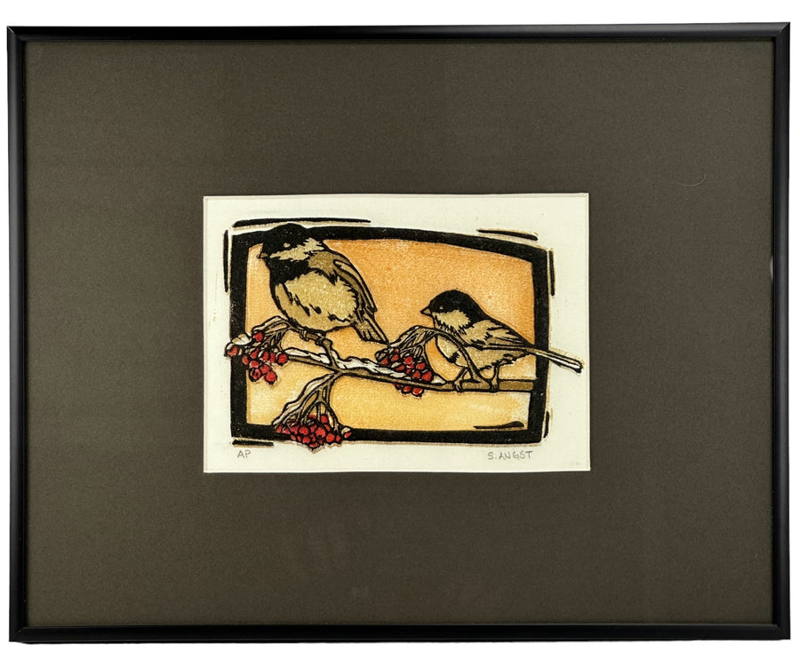Chickadees - Original Linocut