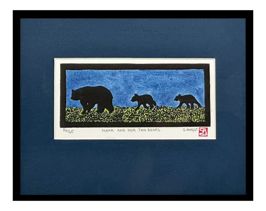 Mama and Her Two Cubs - Original Linocut