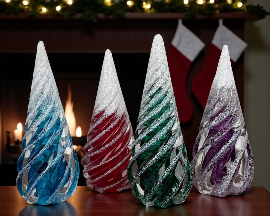 Large Spiral Glass Tree with Snow - Dark Green