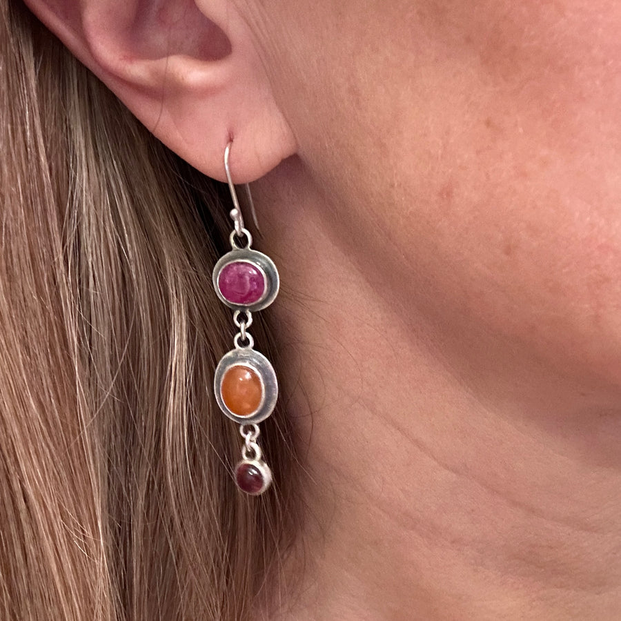 Earrings - Ruby, Chalcedony and Tourmaline Drops