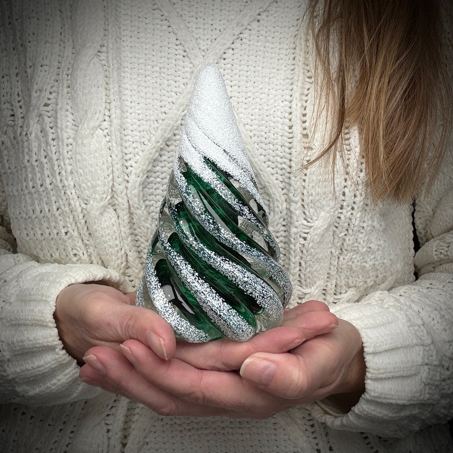 Small Spiral Glass Tree with Snow - Dark Green