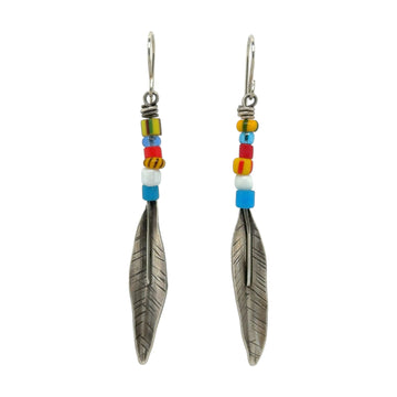 Earrings - Silver Feathers with Vintage Beads