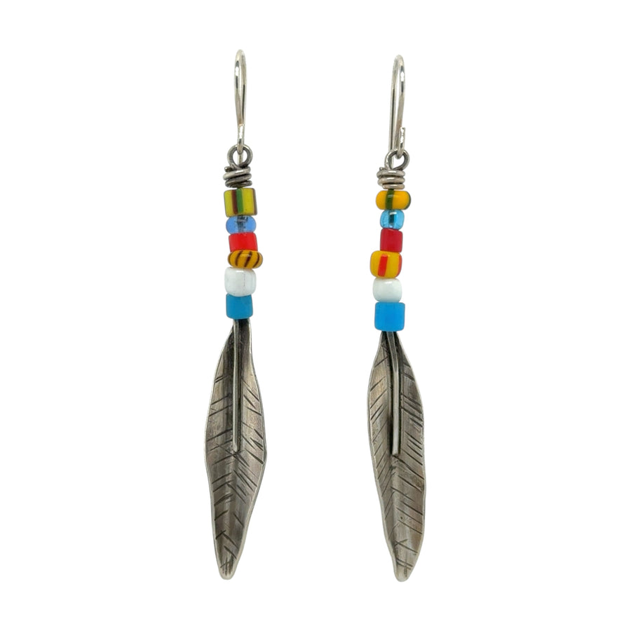 Earrings - Silver Feathers with Vintage Beads