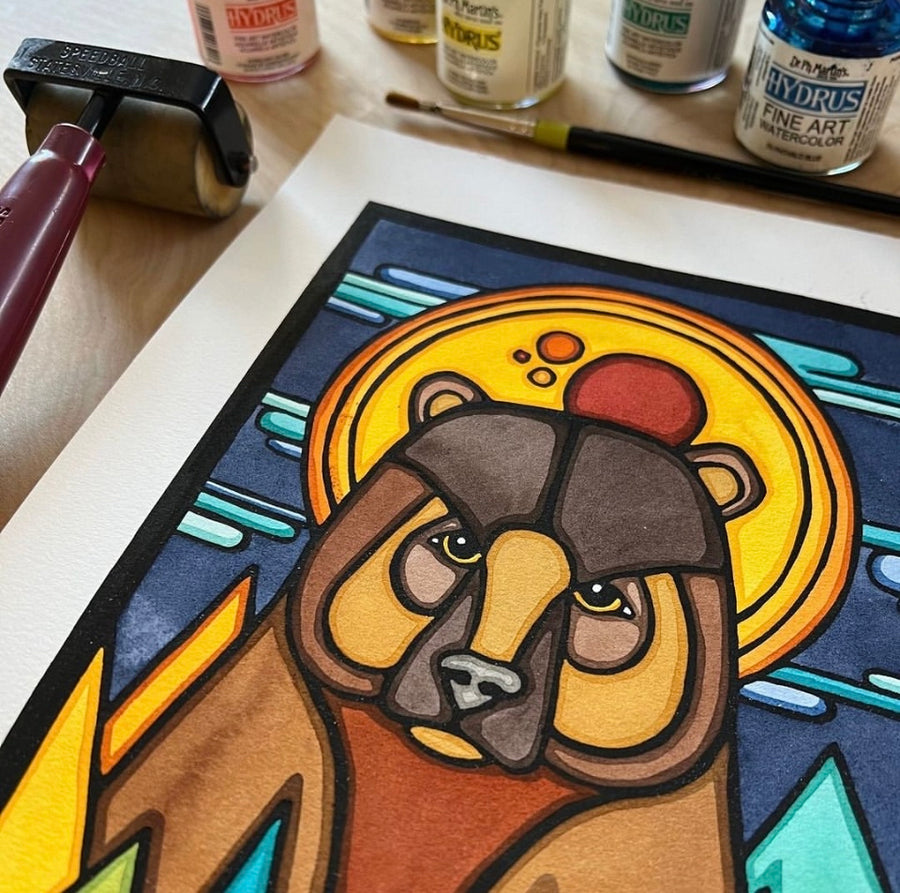 Bear in Forest - Original Linocut