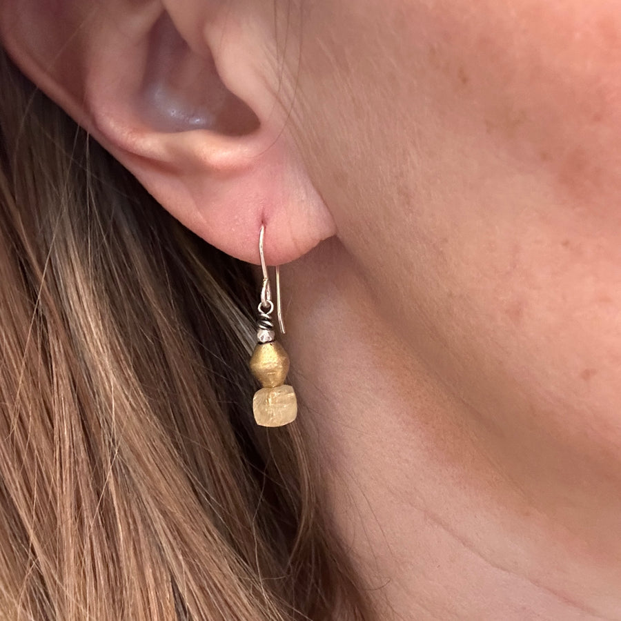 Earrings - Rutilated Quartz with Brass Beads