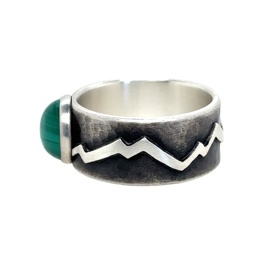 Malachite Ring with Hammered Band and Mountains
