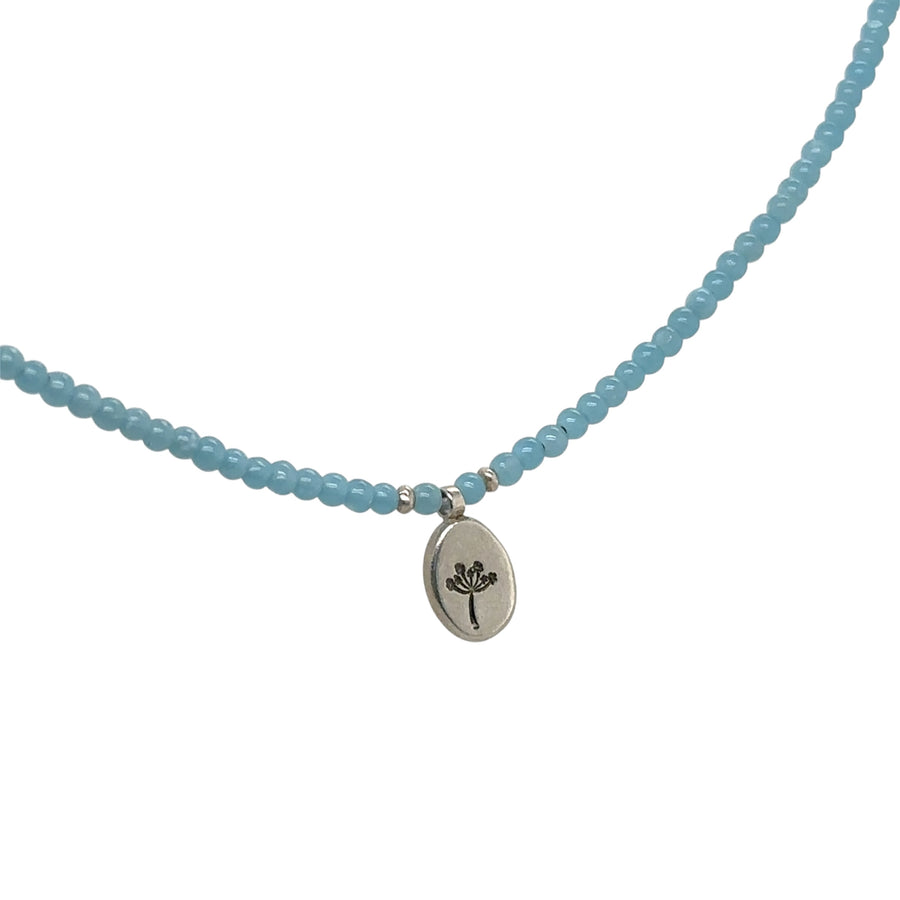 Necklace - Tiny Blue Aventurine with Queen Anne Lace Stamped Pendant
