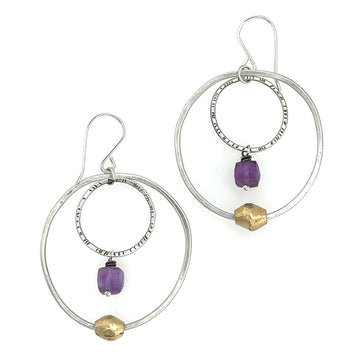 Earrings - Amethyst and Brass Double Rounds