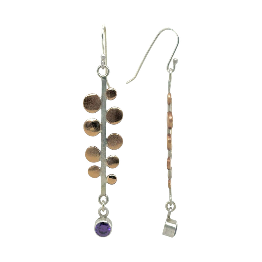 Earrings - Amethyst with Stick and Brass Discs