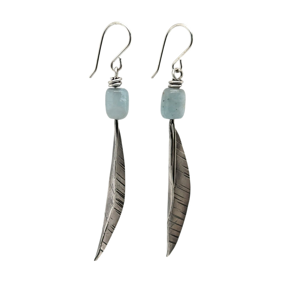 Earrings - Aquamarine with Silver Feathers
