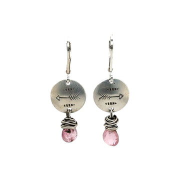 Earrings - Stamped Disks with Pink Tourmaline