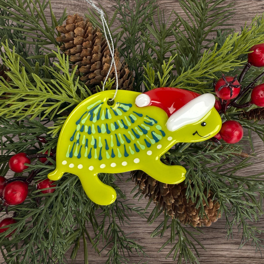 Santa Turtle Glass Ornament