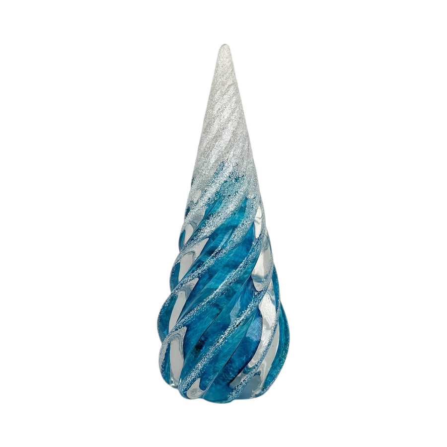 Large Spiral Glass Tree with Snow - Aqua
