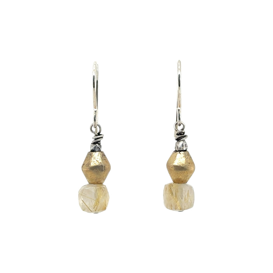 Earrings - Rutilated Quartz with Brass Beads