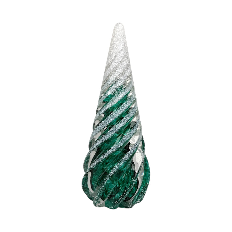 Large Spiral Glass Tree with Snow - Dark Emerald