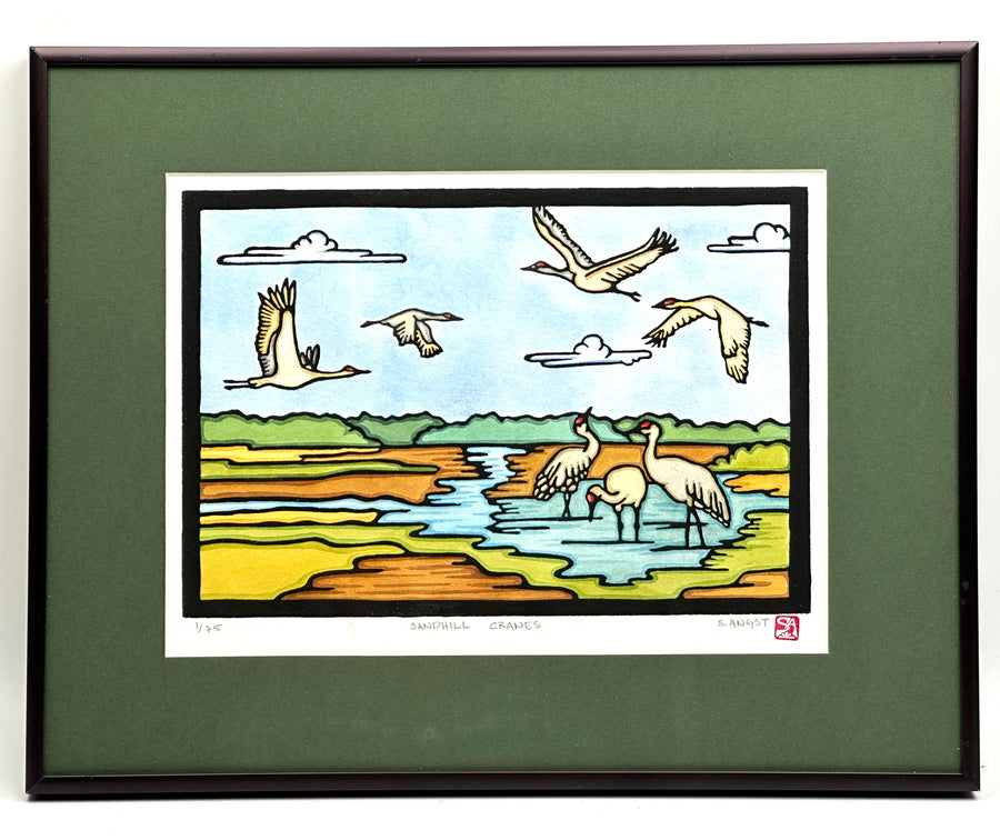 Sandhill Cranes - Original Linocut