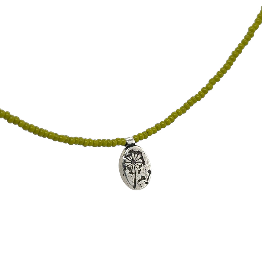 Necklace - Lime Green Seed Beads with Dandelion Stamped Pendant