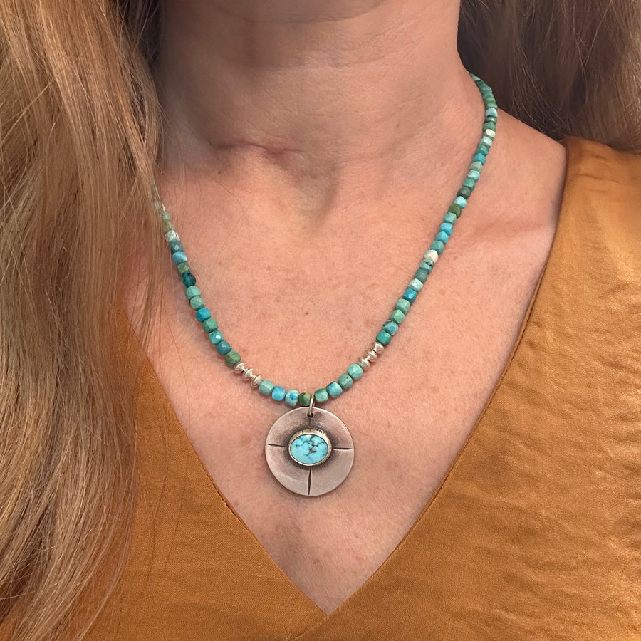 Necklace - Turquoise Shield on Cube Cut Turquoise Beads