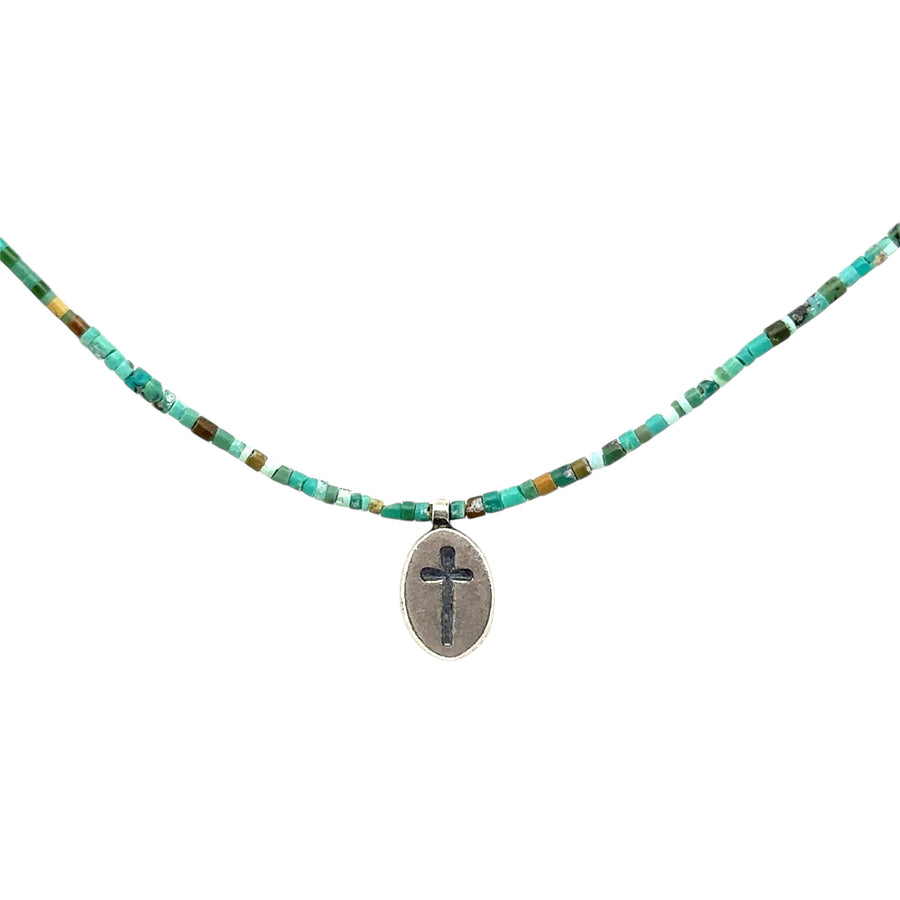 Necklace - Tiny Matte Turquoise Heishi Beads with Cross Pendant