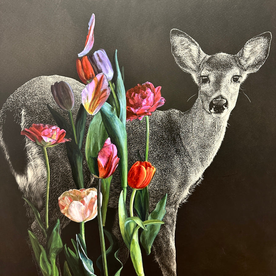 Tulips and Doe 2024 - Original Scratchboard