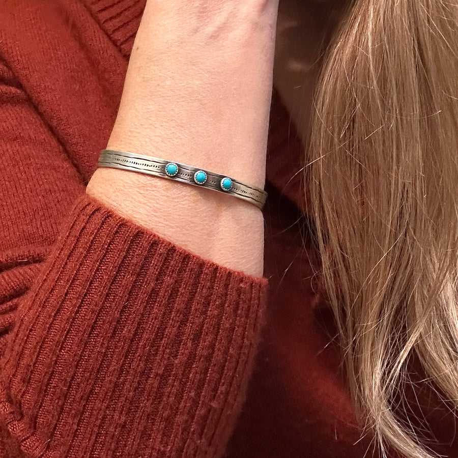 Bracelet - Stamped Silver with 3 Turquoise Stones