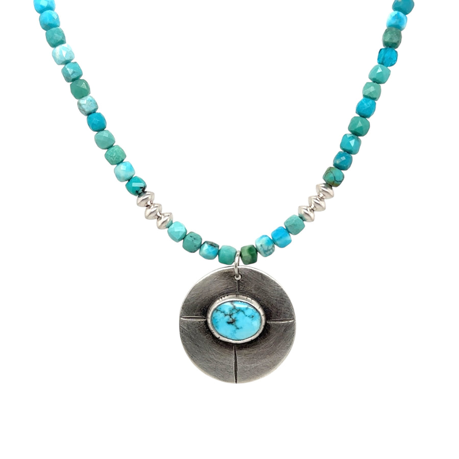 Necklace - Turquoise Shield on Cube Cut Turquoise Beads