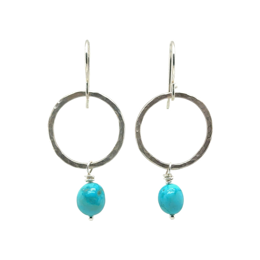 Earrings - Silver Hammered Circle with Turquoise