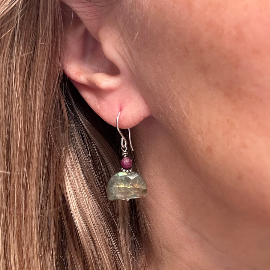 Earrings - Labradorite Moons with Ruby