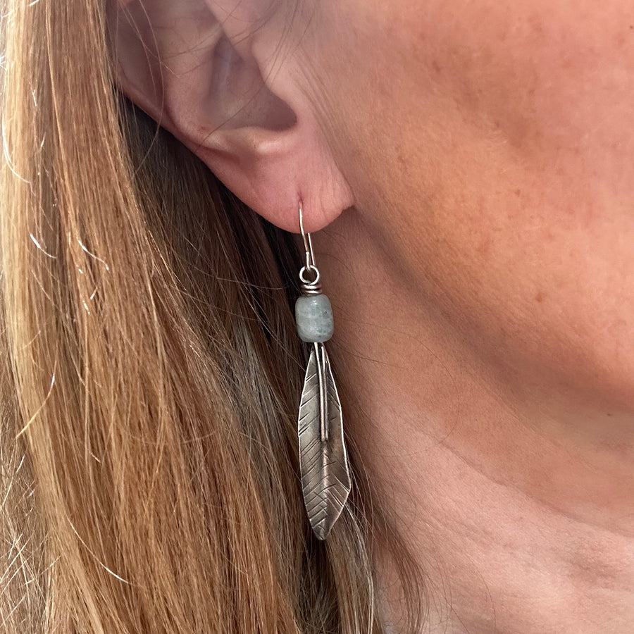 Earrings - Aquamarine with Silver Feathers