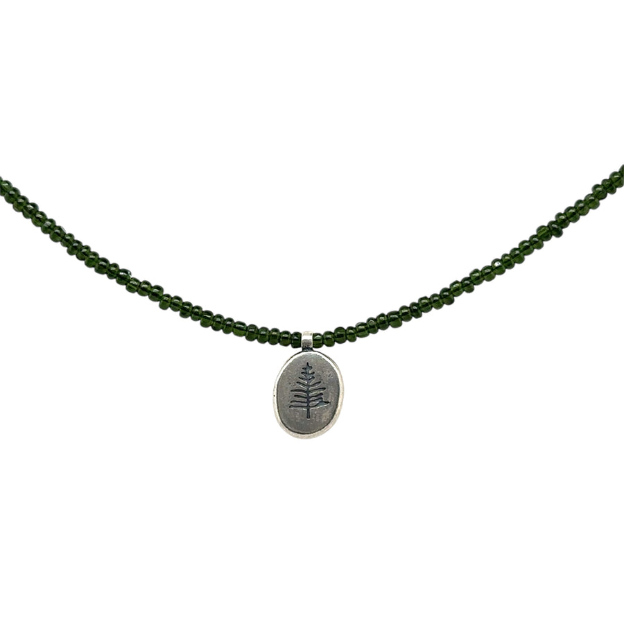 Necklace - Dark Green Charolette Seed Beads with Fern Pine Pendant