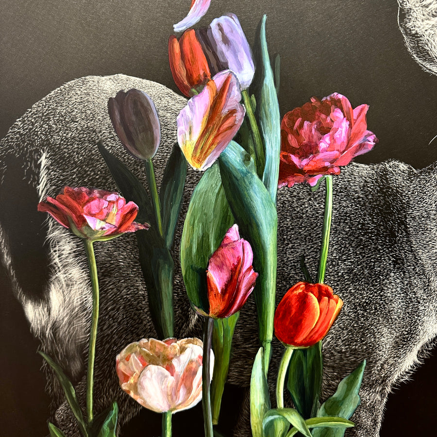 Tulips and Doe 2024 - Original Scratchboard