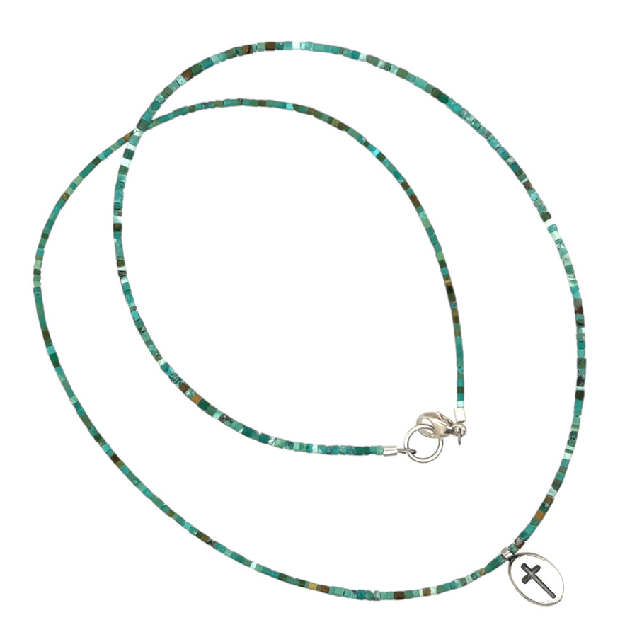 Necklace - Tiny Matte Turquoise Heishi Beads with Cross Pendant