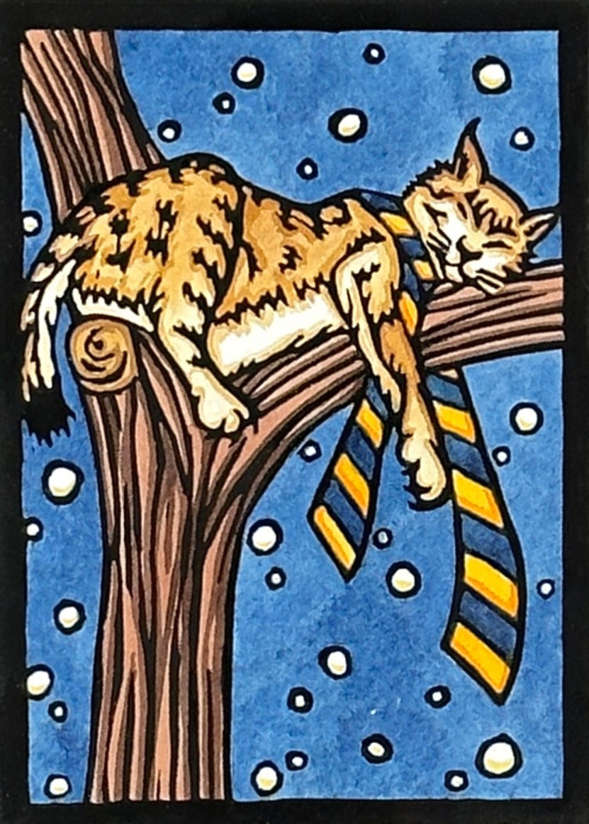 Bobcat in Tree - Original Linocut