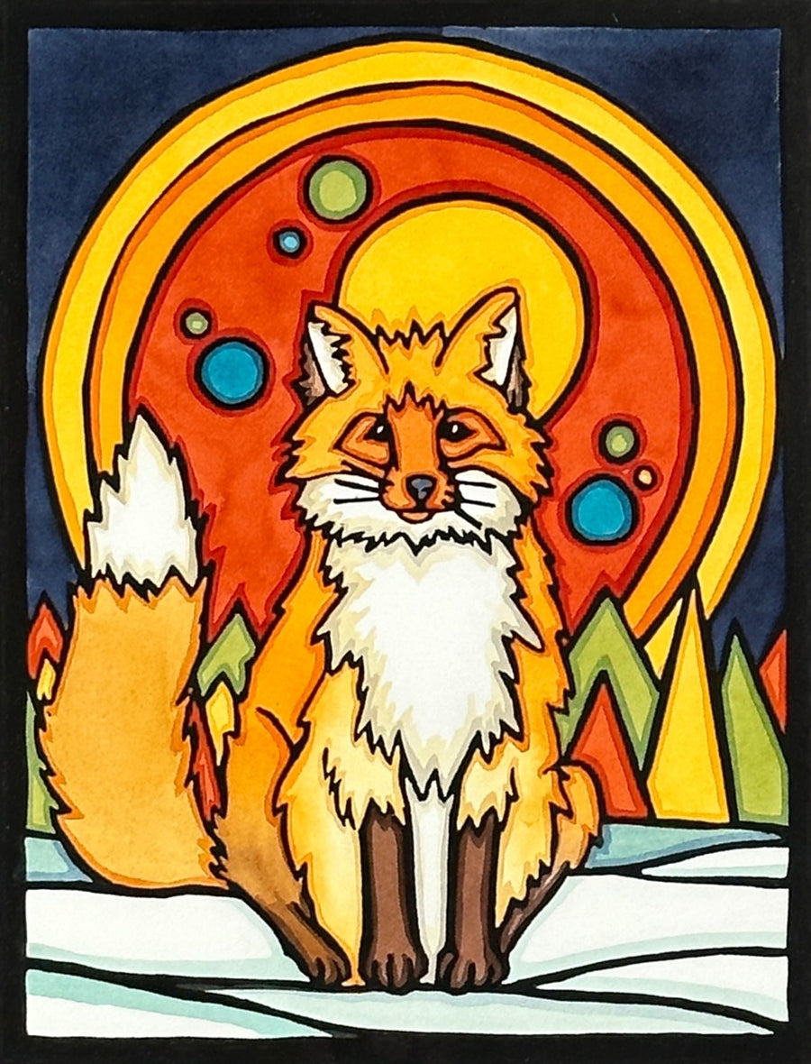 Fox in Forest - Original Linocut